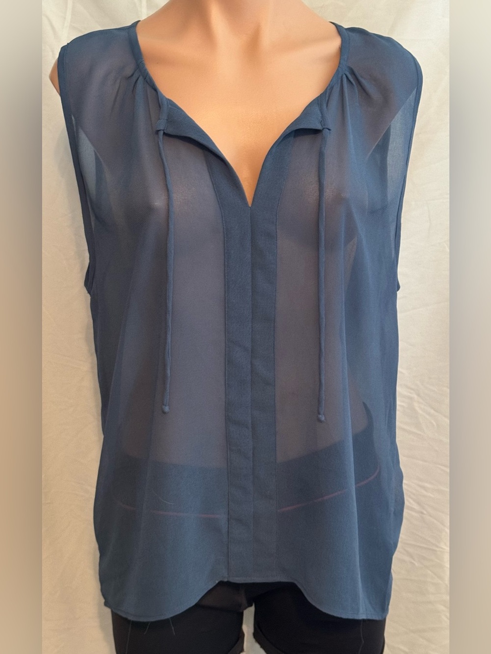 Nina Capri Blue Sleeveless Sheer Sleeveless Tie-Neck Top